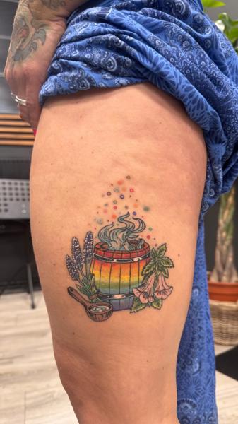 Illustrative cauldron with herbs tattoo by @arkhanotattoo