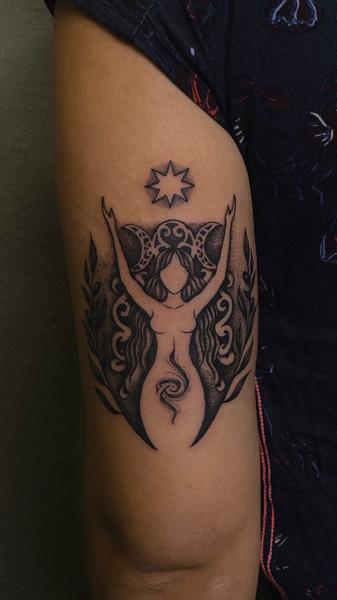Dotwork goddess figure tattoo by @arkhanotattoo