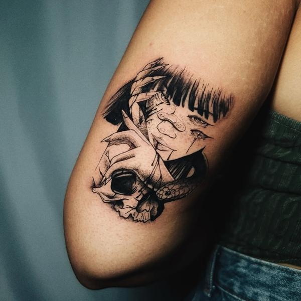 Illustrative woman with skull tattoo by @lil_doublex