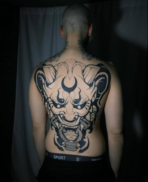 Japanese demon mask tattoo by @lil_doublex