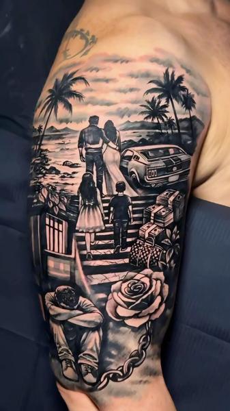 Realism family scene tattoo by @artgambler