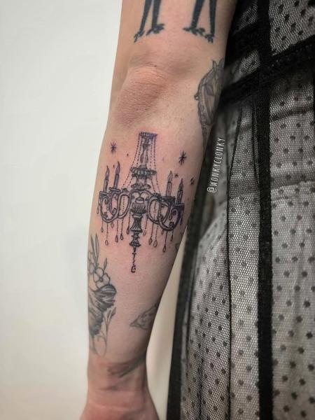 Fine line blackwork ornate chandelier tattoo by @wonkyclonky