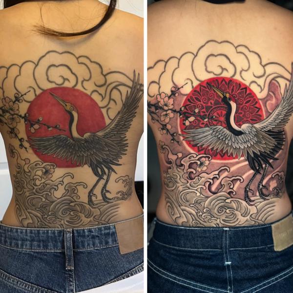 Japanese crane and sun tattoo by @astonreynolds