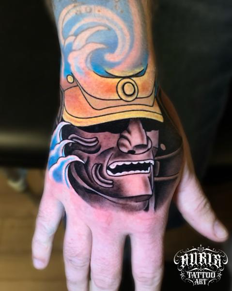 Japanese samurai mask tattoo by @design4lifetattoo