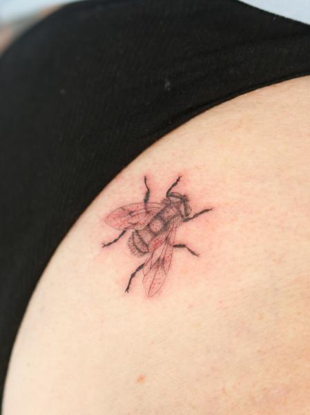 Fine Line fly tattoo by @azramatitattoo