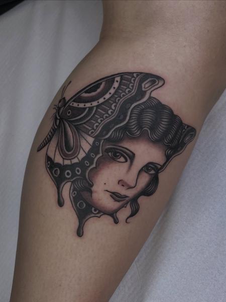 Illustrative moth woman tattoo by @batter_tattooer