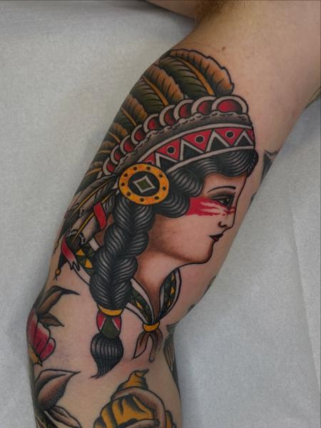 Traditional traditional woman portrait tattoo by @batter_tattooer