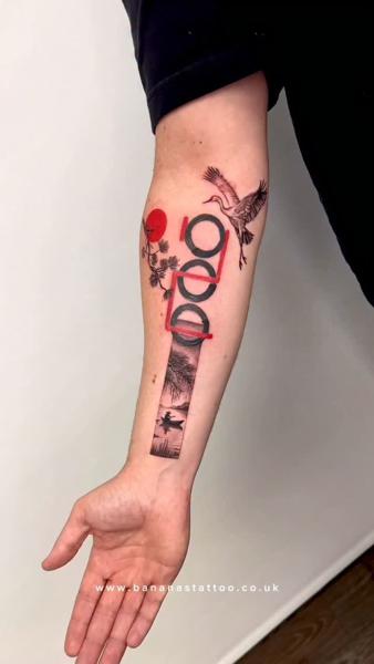 Realism crane and landscape tattoo by @bananastattooformby