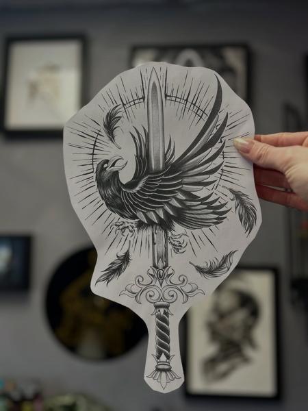 Blackwork raven sword tattoo by @bec_tattoo