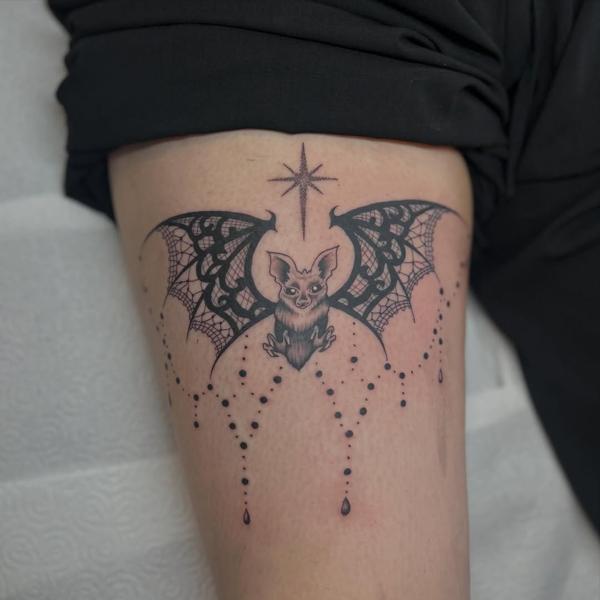 Fine line bat with star tattoo by @bec_tattoo