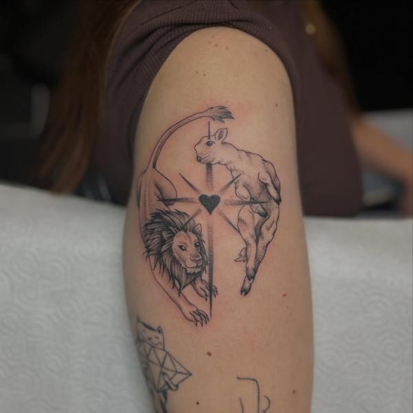 Fine line lion and goat tattoo by @bec_tattoo