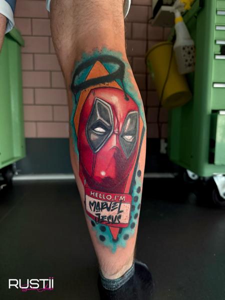 New School deadpool portrait tattoo by @becky_does_tattoos