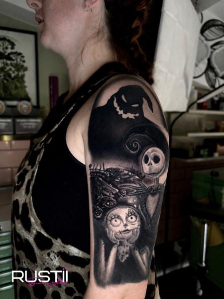 Black And Grey Realism nightmare before christmas tattoo by @becky_does_tattoos