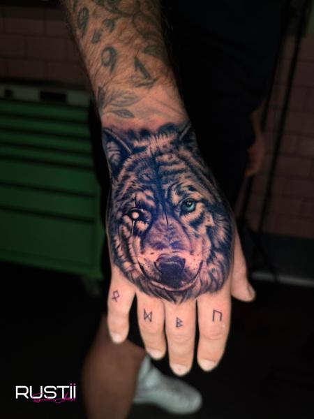 Realism wolf portrait tattoo by @becky_does_tattoos