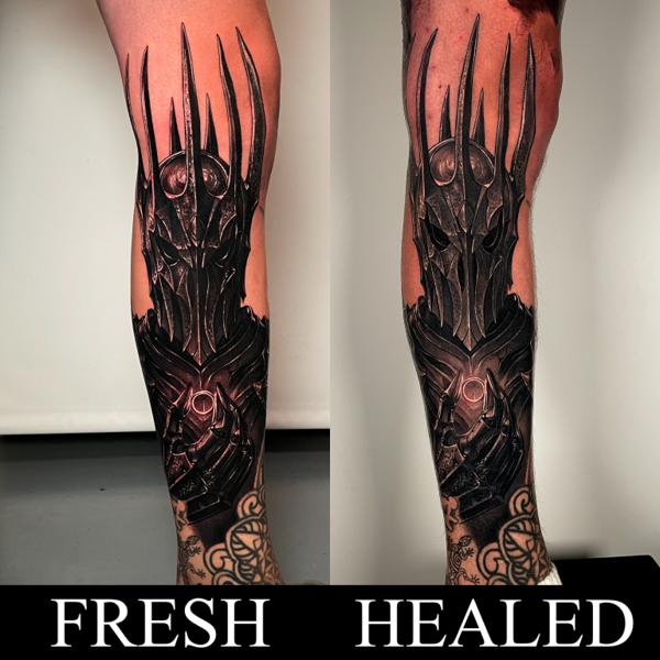 Realism dark armor tattoo by @bendunningtattoo