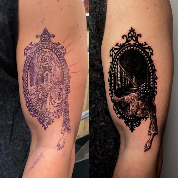 Realism woman in frame tattoo by @bendunningtattoo