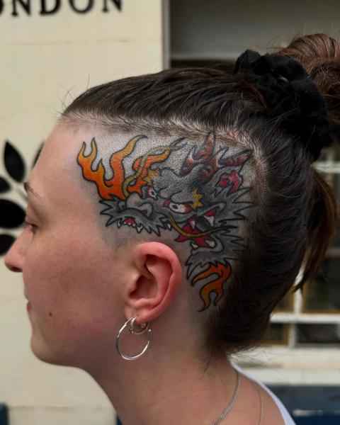 Japanese flaming dragon head tattoo by @ben_jenkins_tattooing