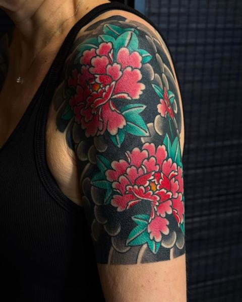 Japanese japanese peonies tattoo by @ben_jenkins_tattooing