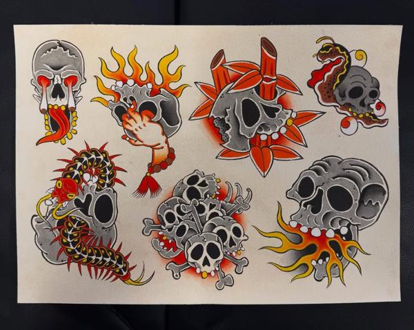 Traditional traditional skulls tattoo by @ben_jenkins_tattooing