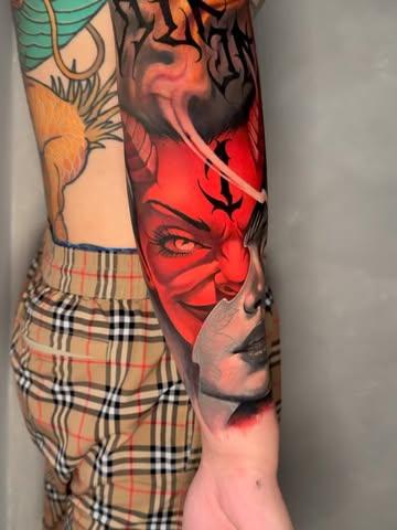Realism devil face tattoo by @benjaminlaukis