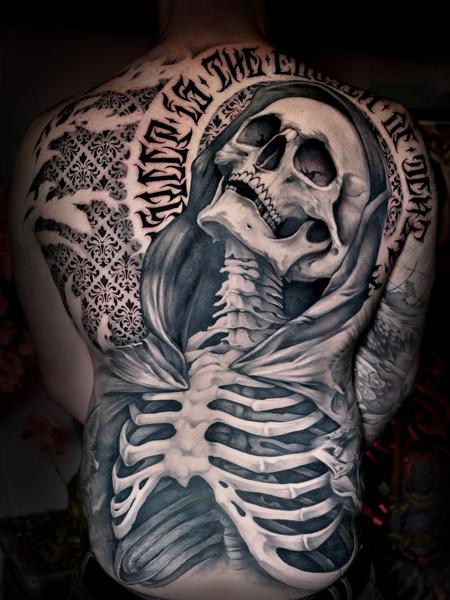 Realism skeleton reaper tattoo by @benjaminlaukis