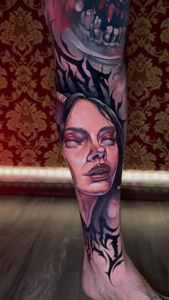 Realism surreal portrait tattoo by @benjaminlaukis