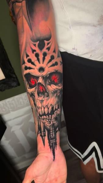 Realism gothic skull tattoo by @benjaminlaukis