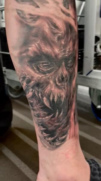 Realism horror face tattoo by @benjaminmosstattoo