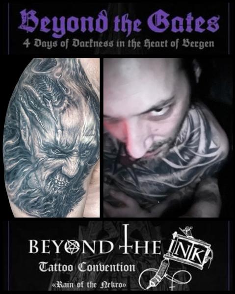 Realism demonic face tattoo by @benjaminmosstattoo