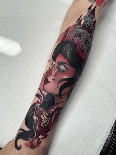Neo-traditional castle woman tattoo by @bethrosetattoo