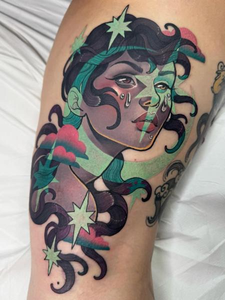 Neo-traditional crying woman tattoo by @bethrosetattoo