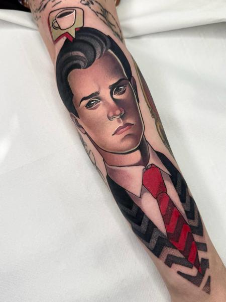 Realism portrait with coffee tattoo by @bethrosetattoo
