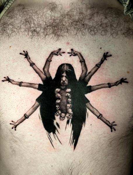 Blackwork multi-armed figure tattoo by @skinnysinktattoo