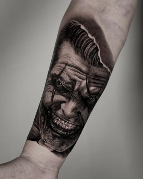 Realism creepy portrait tattoo by @black_pen_tattoo