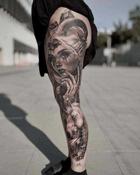 Realism fantasy woman tattoo by @black_pen_tattoo
