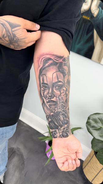 Realism robotic face tattoo by @bluedevilsink