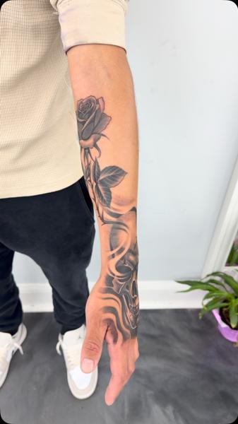 Black And Grey rose and skull tattoo by @bluedevilsink