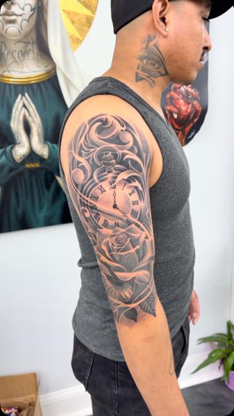 Black And Grey Realism clock and rose tattoo by @bluedevilsink