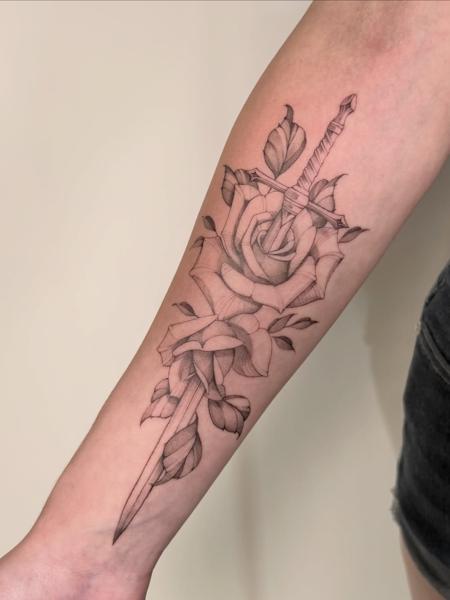 Fine line sword rose tattoo by @brittbeale
