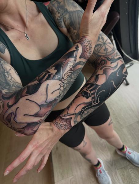 Blackwork abstract sleeve tattoo by @brooke_michael_englehart