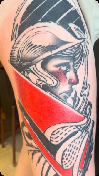 Illustrative warrior portrait tattoo by @brooke_michael_englehart