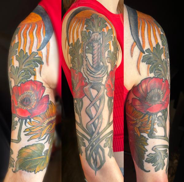 Traditional floral dagger tattoo by @brooke_michael_englehart