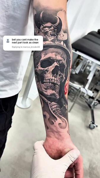Realism skull and samurai tattoo by @cagriesk