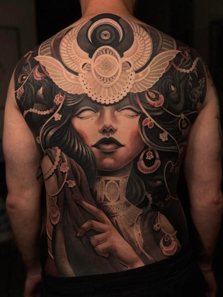 Illustrative blackwork ornate woman tattoo by @mr.calle