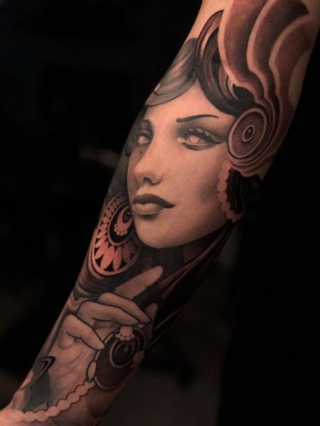 Ornamental realism art deco woman tattoo by @mr.calle