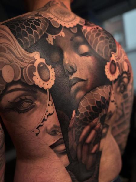 Ornamental realism ornamental female portraits tattoo by @mr.calle