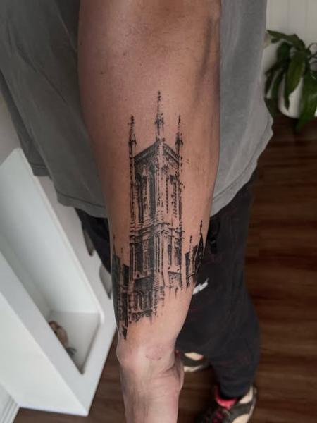 Blackwork gothic cathedral tattoo by @dijon.did.it