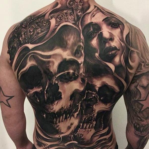 Realism skull and portrait tattoo by @carlgracetattoos
