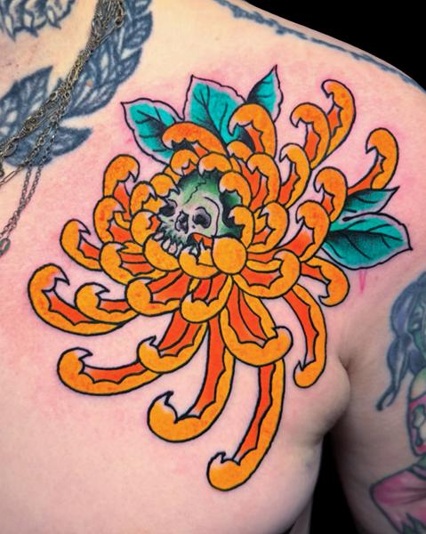 Traditional skull chrysanthemum tattoo by @carloszucato