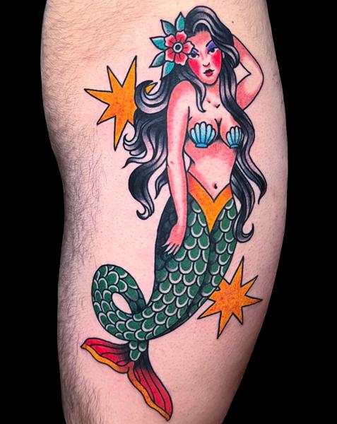 Traditional mermaid tattoo by @carloszucato